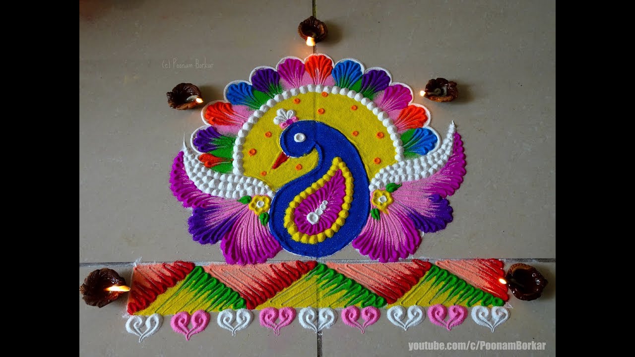 Peacock rangoli for Diwali | Easy rangoli designs by Poonam Borkar