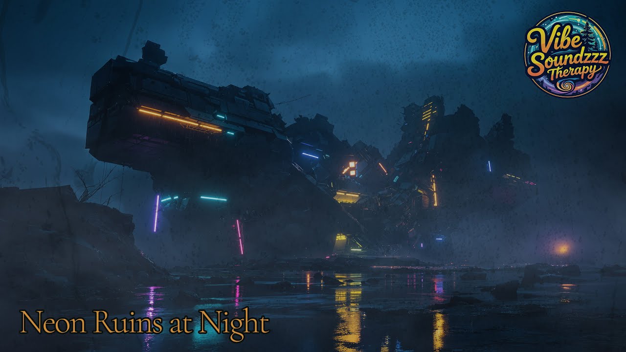 Neon Ruins at Night | Ambient Music with Rain & Distant Thunder | Relax & Study | 10 Hours [4K]