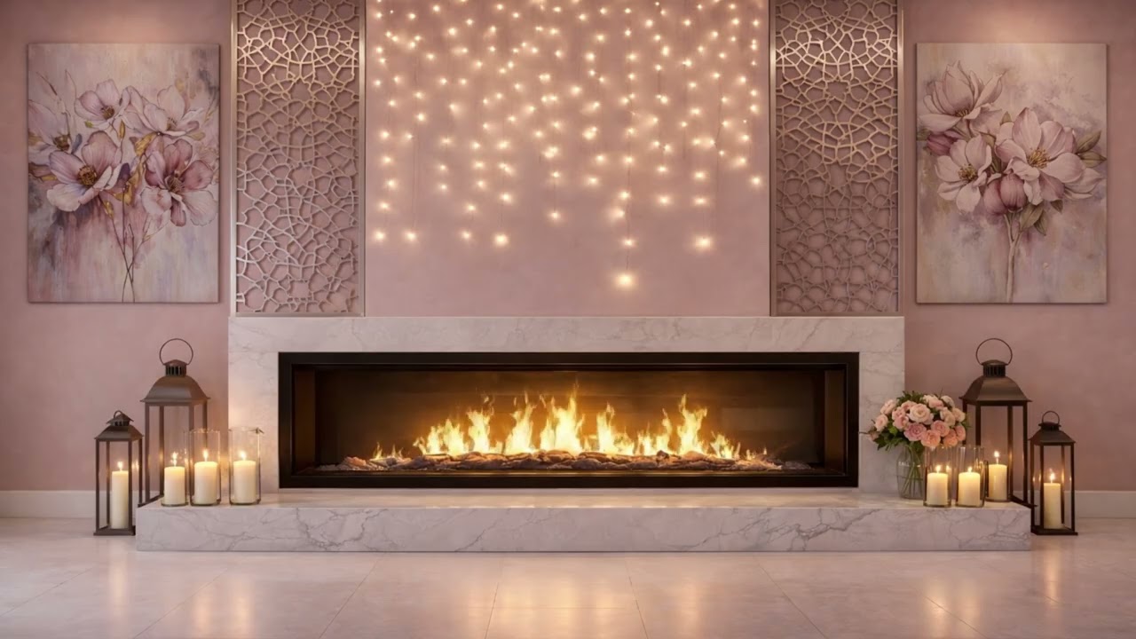 Spring Pink Glow 🌸 | Cozy Ramadan Fireplace | No Music | 4K