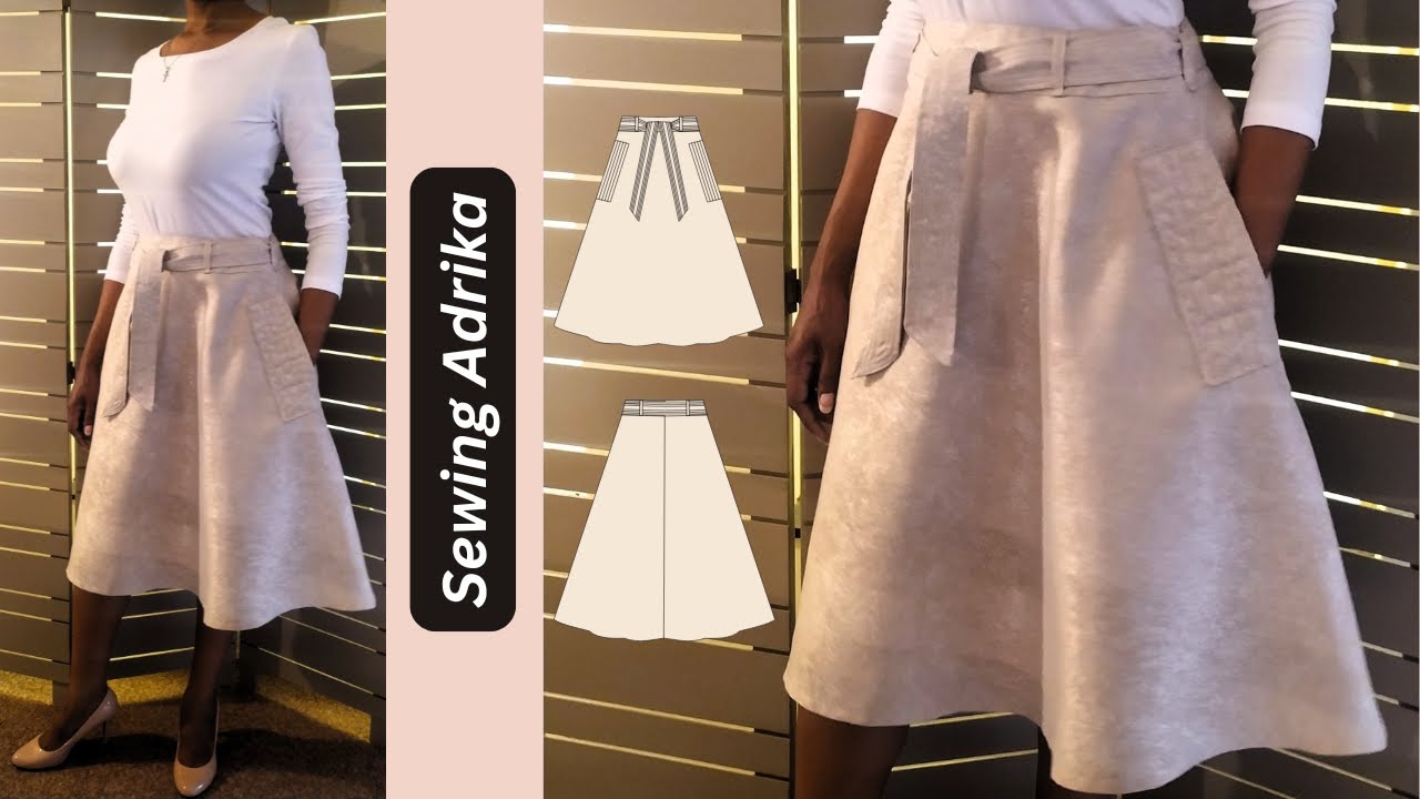 How to Sew A High Waisted Belted Flared Skirt With Pockets + Adrika PDF Sewing Pattern