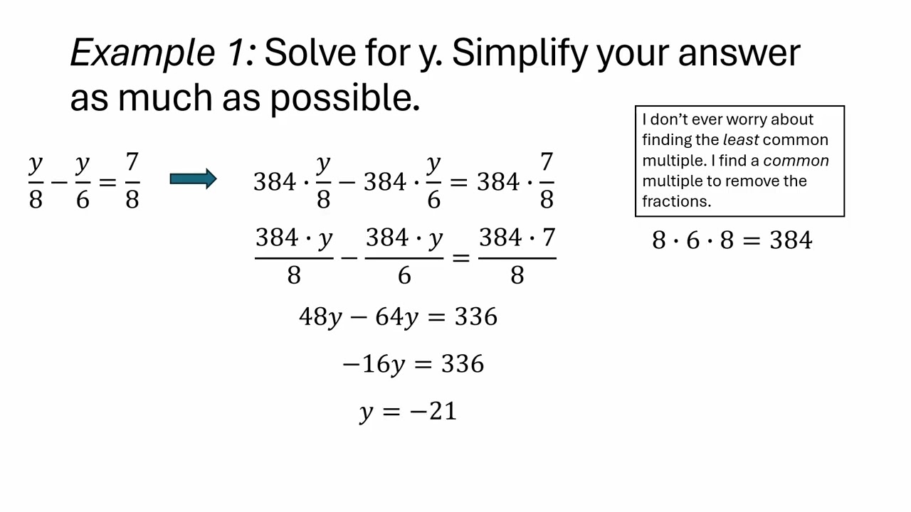 Solving a linear equation in fractional forms with monomial numerators.