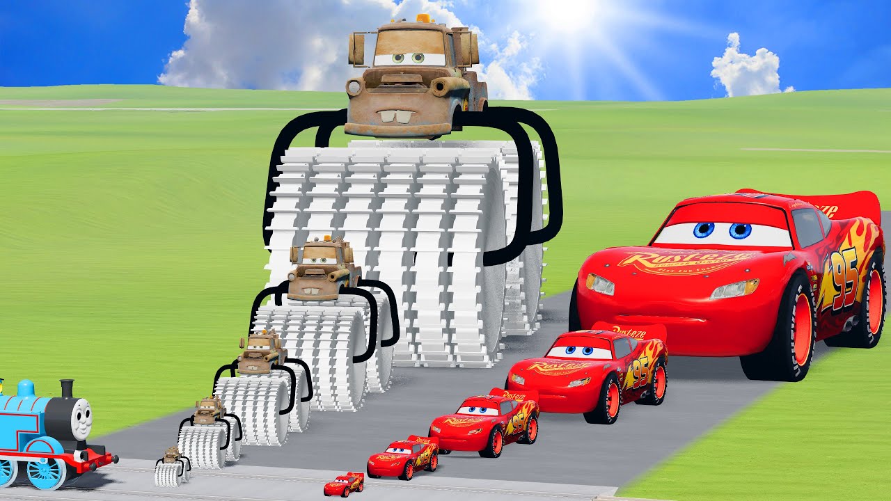 Big & Small McQueen VS Double Saw Wheels Tow Mater VS Train | BeamNG.drive