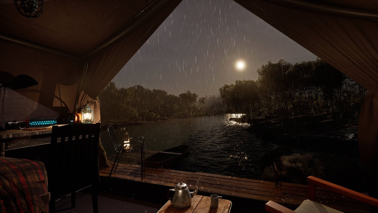 Дождевая атмосфера в палатке на берегу озера | Капли дождя на холсте и звуки дождя – Дождь в палатке