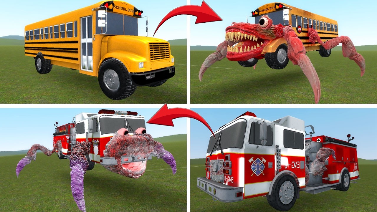 SCHOOL BUS & FIRE TRUCK TURN INTO SCARY MONSTERS!