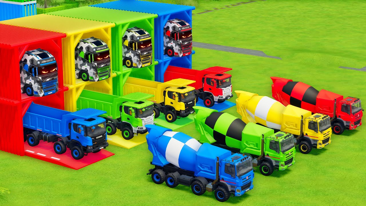 Garage with Colors - ALL MIXER TRUCK WITH DOUBLE FLATBED TRAILER TRUCK, VOLVO, SCANIA, TATRA - FS22