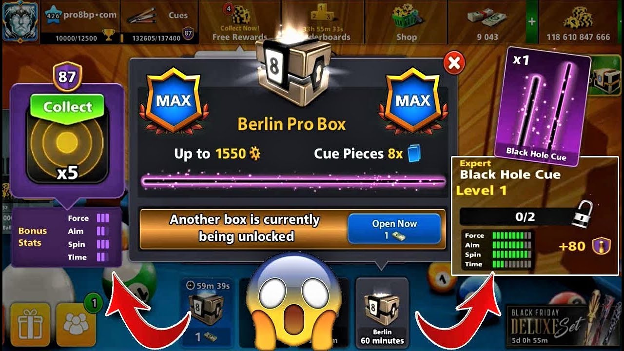 8 ball pool Cue Power Rank 87 😎 Black Hole Cue From Berlin Box