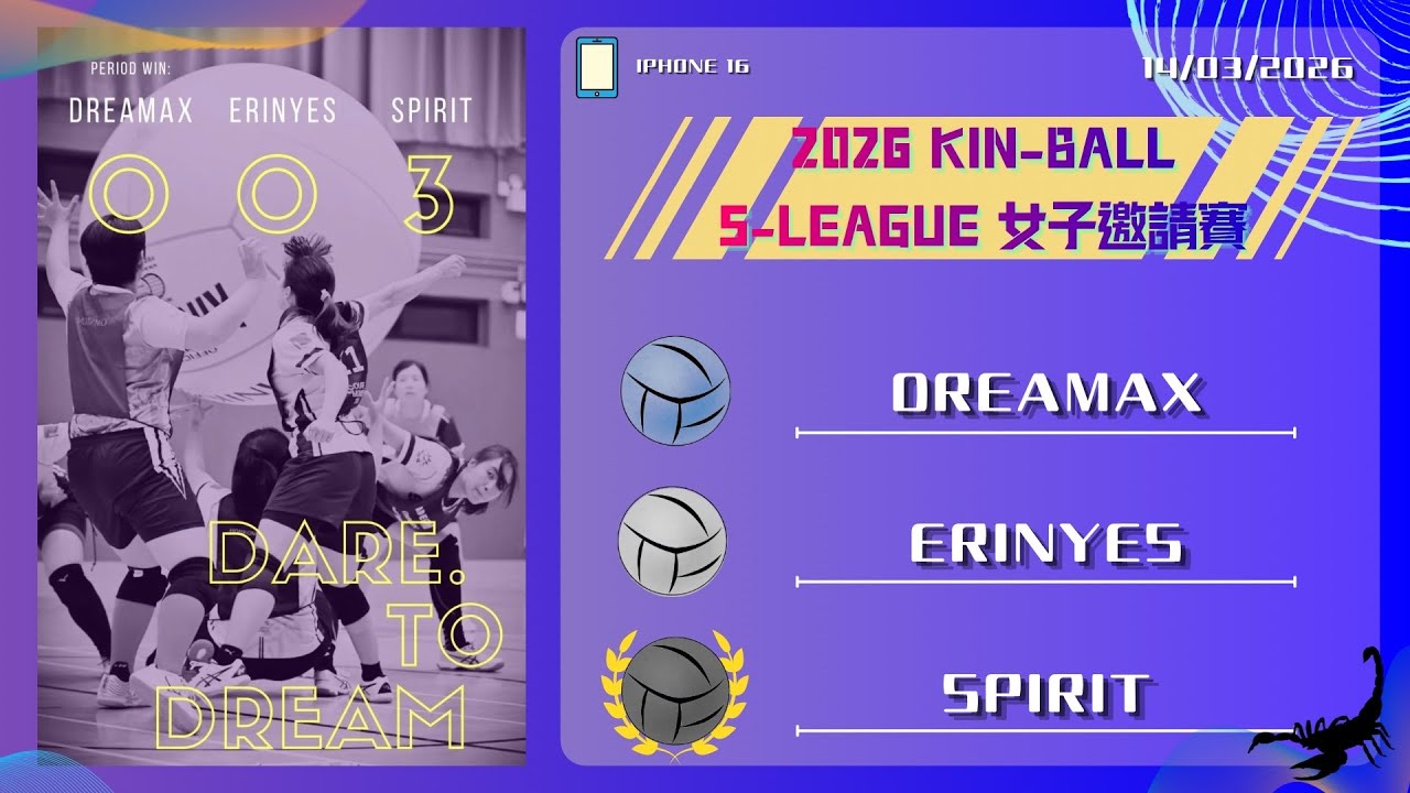 【2026 KIN-BALL S-LEAGUE 女子邀請賽】- Game 6（🔵DREAMAX、⚪️ERINYES、⚫️SPIRIT）#All #初賽 14/3/2026（4K Iphone16）