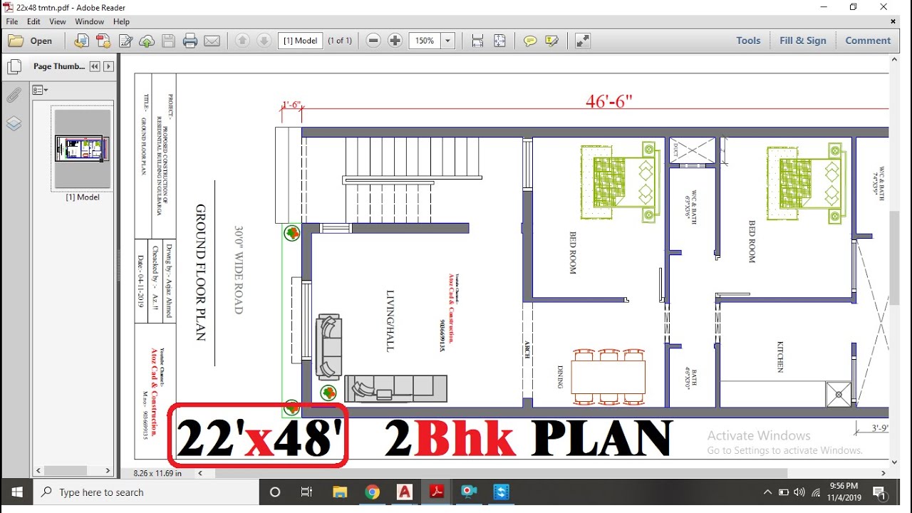 22'X48' 2Bhk House Plan