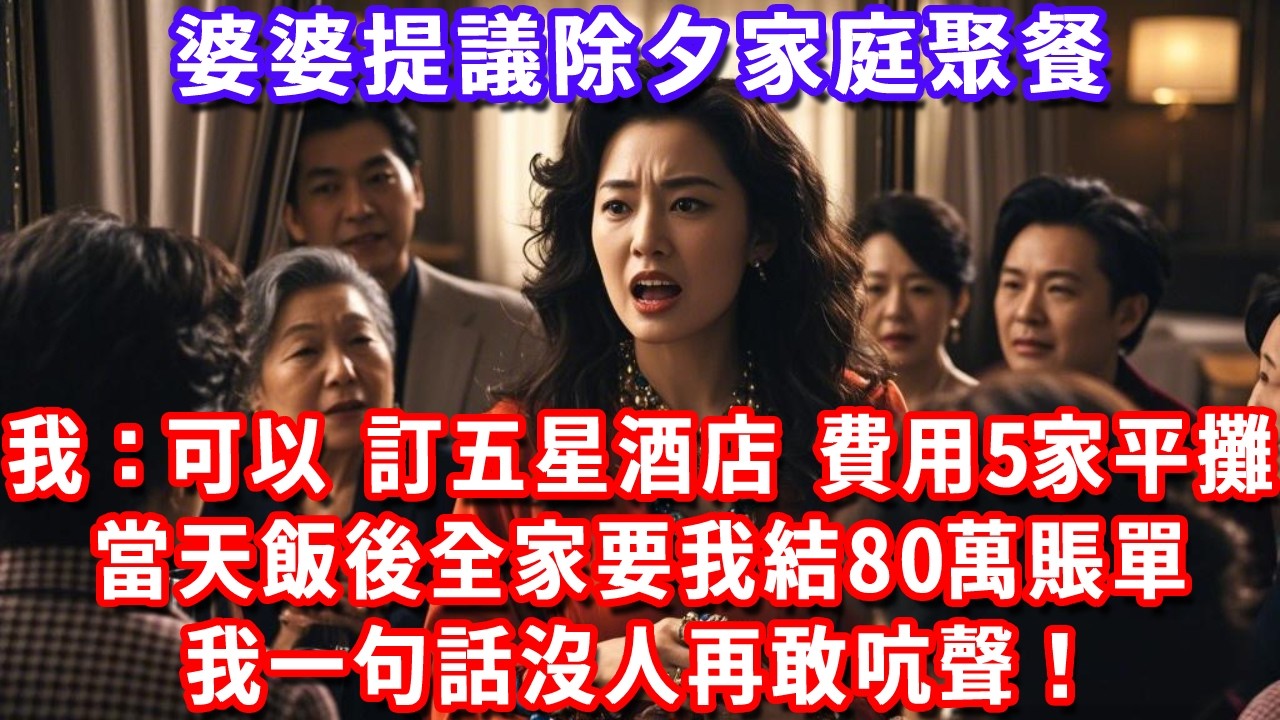 婆婆提議除夕家庭聚餐，我回復：可以，訂五星級酒店，費用5家平攤。當天飯後全家要我結80萬賬單，我一句話沒人再敢吭聲！#深夜講故事#為人處世#生活經驗#情感故事#故事#小說#戀愛#情感#婚姻