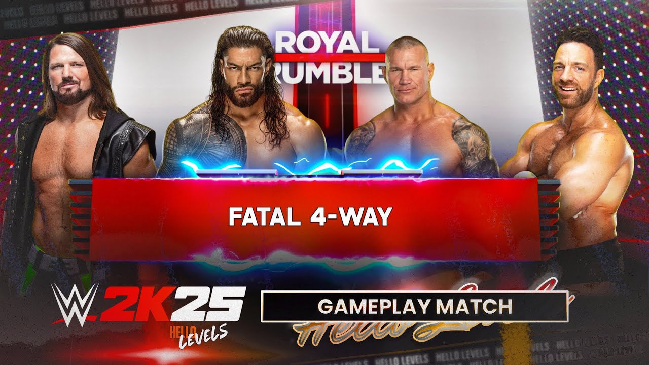 Геймплей фатального четырёхстороннего матча WWE 2K25 с Романом Рейнсом и другими на Royal Rumble ...