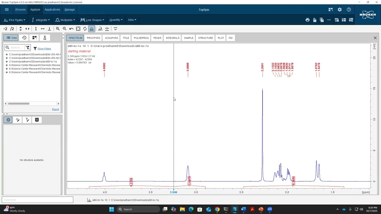TopSpin Data Process 2 Calibrate, Pick Peaks, Integrate