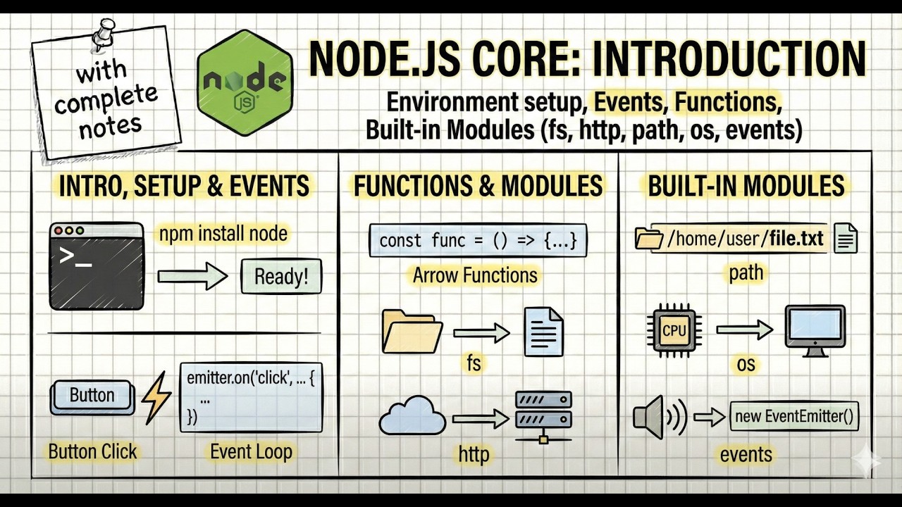 Node.js Core: Introduction, environment setup, Node.js events, Node.js functions, Built-in modules