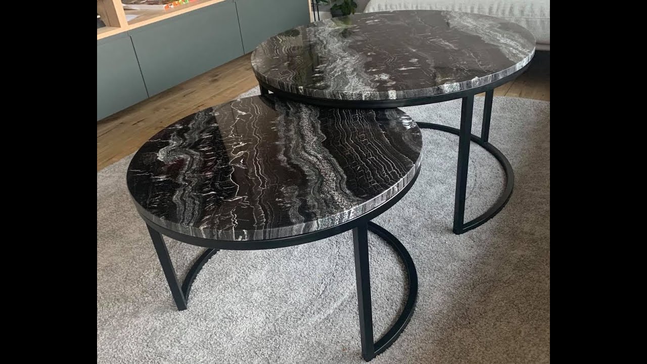 Okrągłe stoliki LOFT  , blat  z kamienia . Wyginanie kół z kształtownika 20x20x2 .