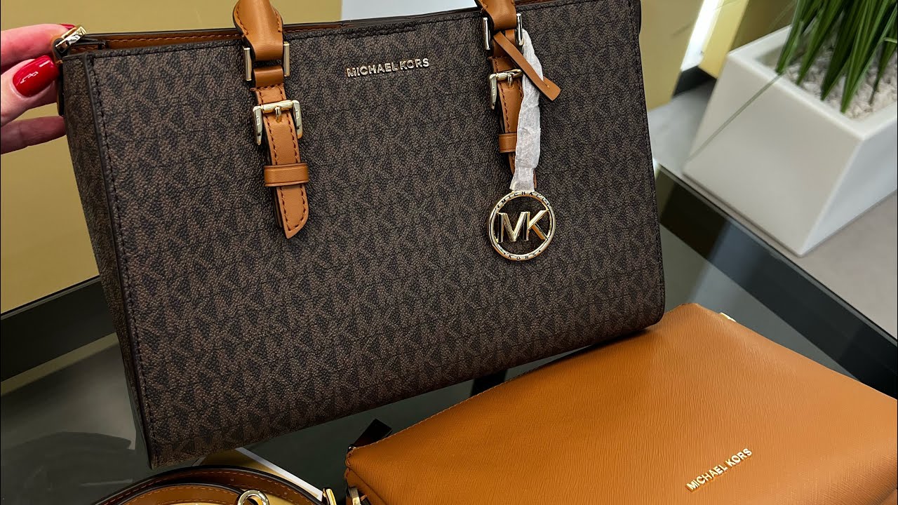 Распаковка сумки MICHAEL KORS Sally Medium 2-In-1 Logo And Faux Leather Satchel (brown)