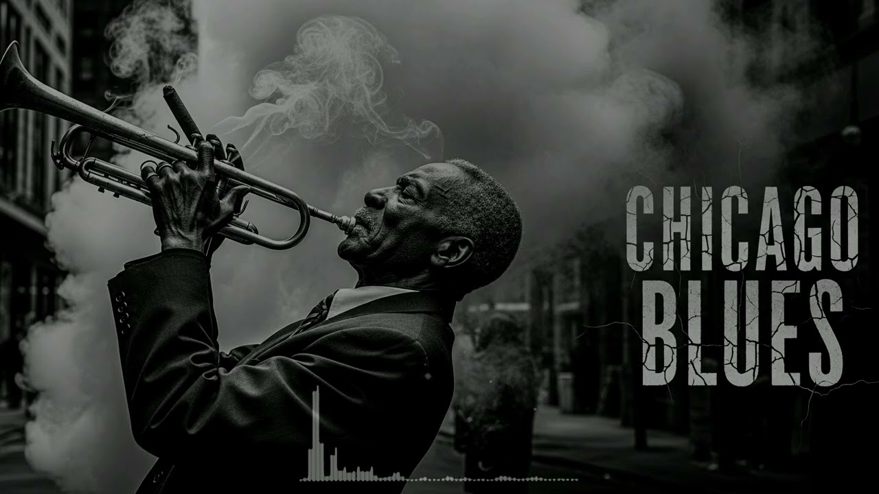 Contemporary Chicago blues glowing through vibrant night grids charged with electric rhythm while