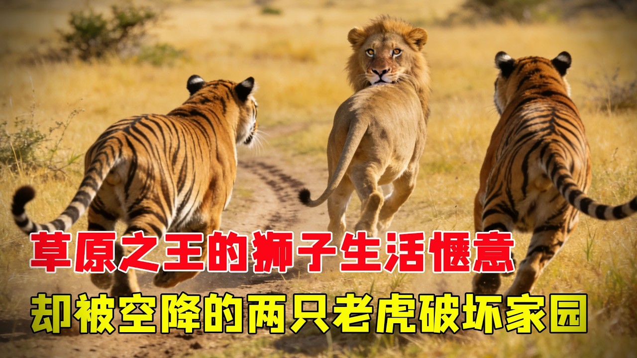 草原霸主獅子被空降的兩隻老虎破壞家園，決鬥一觸即發場面激烈，動物們不敢靠近！