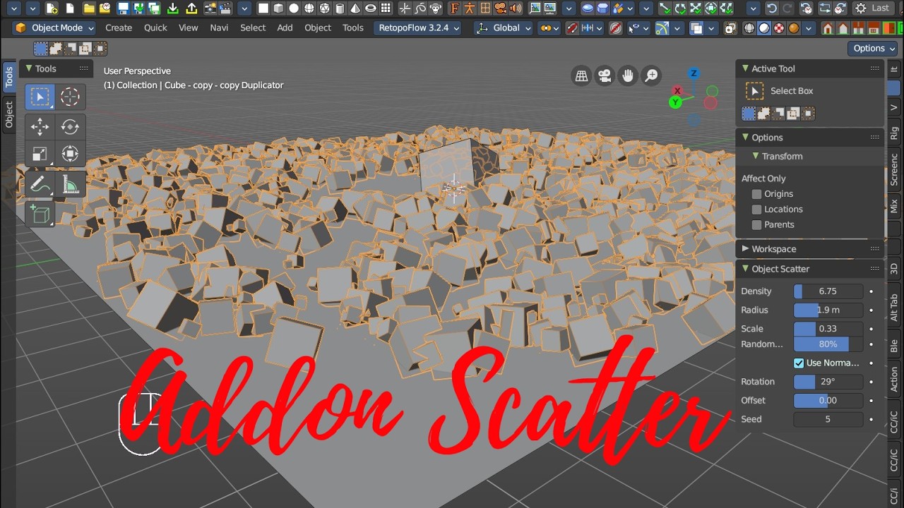 Bforartists addon SCATTER раскидываем предметы по локации