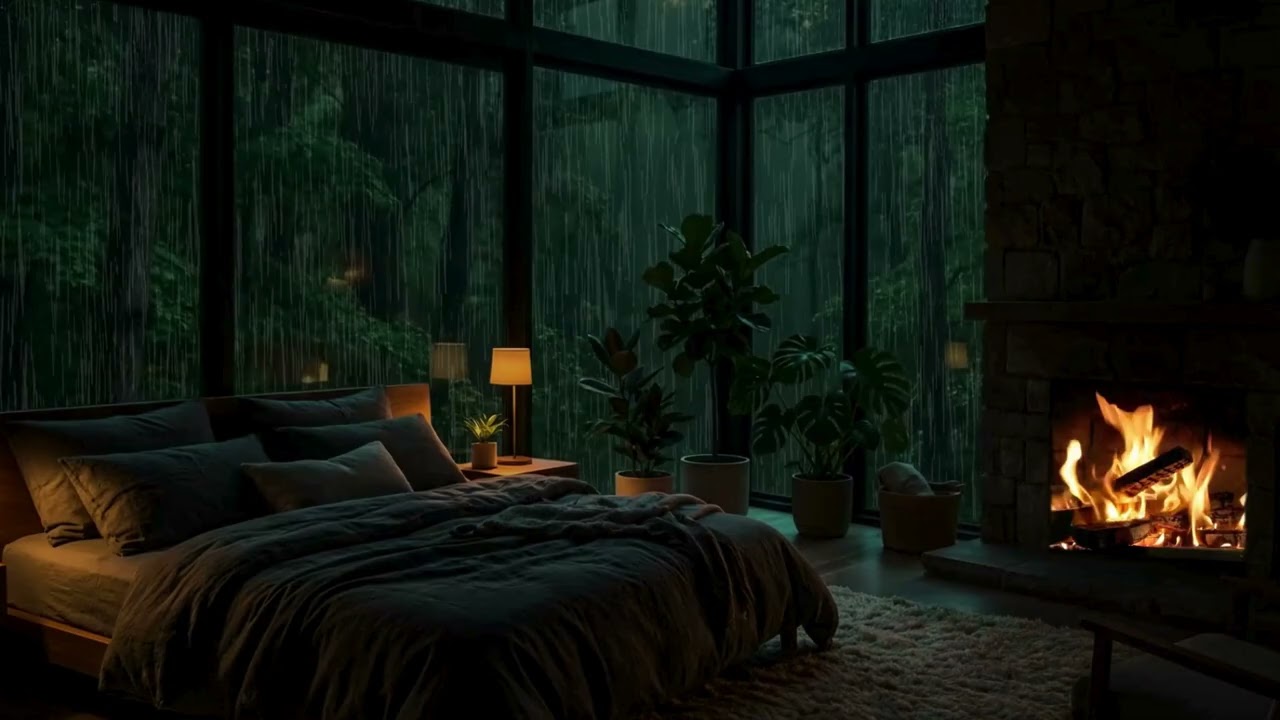 2 Hours of Rain in a Cozy Glass Cabin 🌧️ Fireplace & Forest Storm Sounds for Sleep
