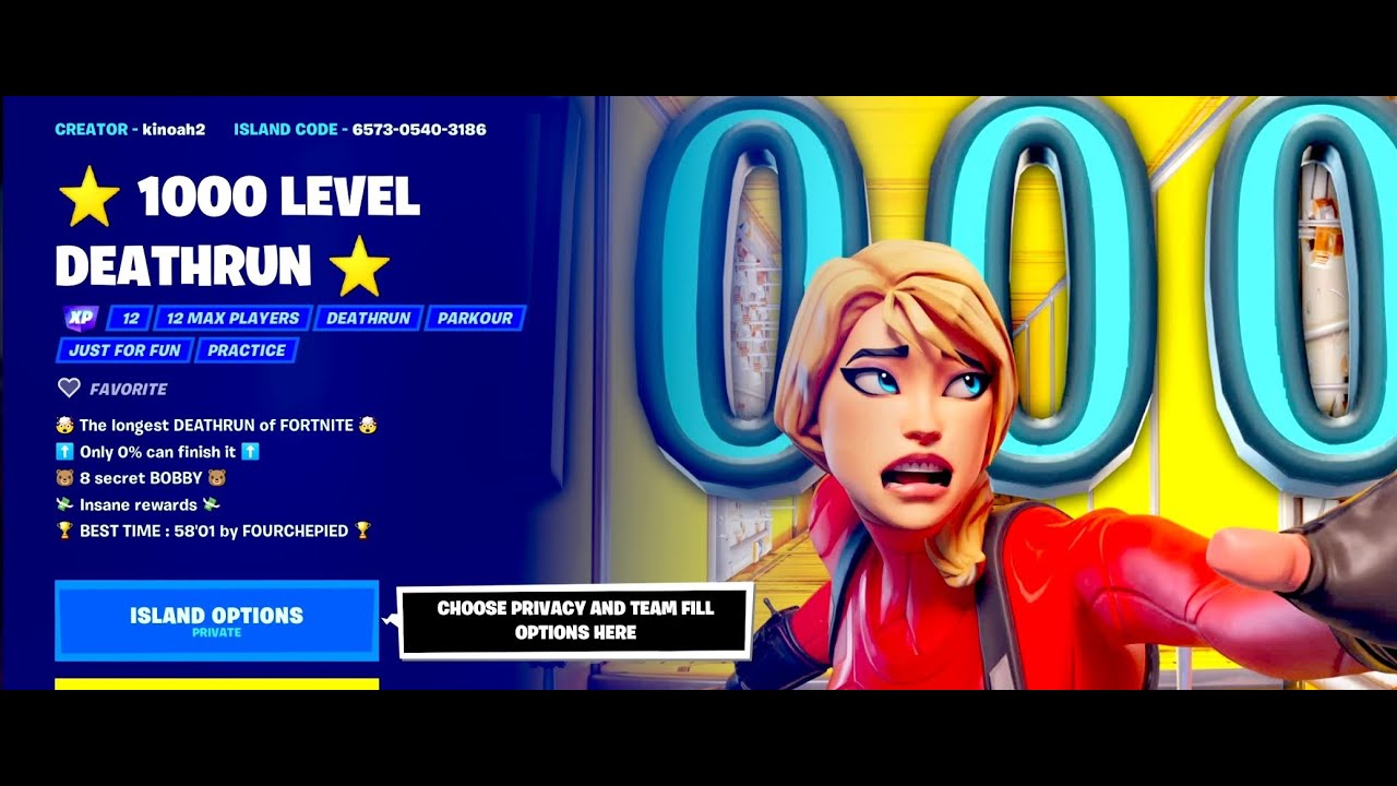 FORTNITE⭐ 1000 LEVEL DEATHRUN BY KINOAH ⭐8 SECRET BOBBY + VIP ROOM - MAP CODE: 6573-0540-3186