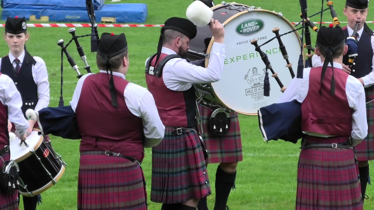 The Vale Of Atholl Pipe Band competing in Grade 4 bands during 2019 Pitlochry Highland Games