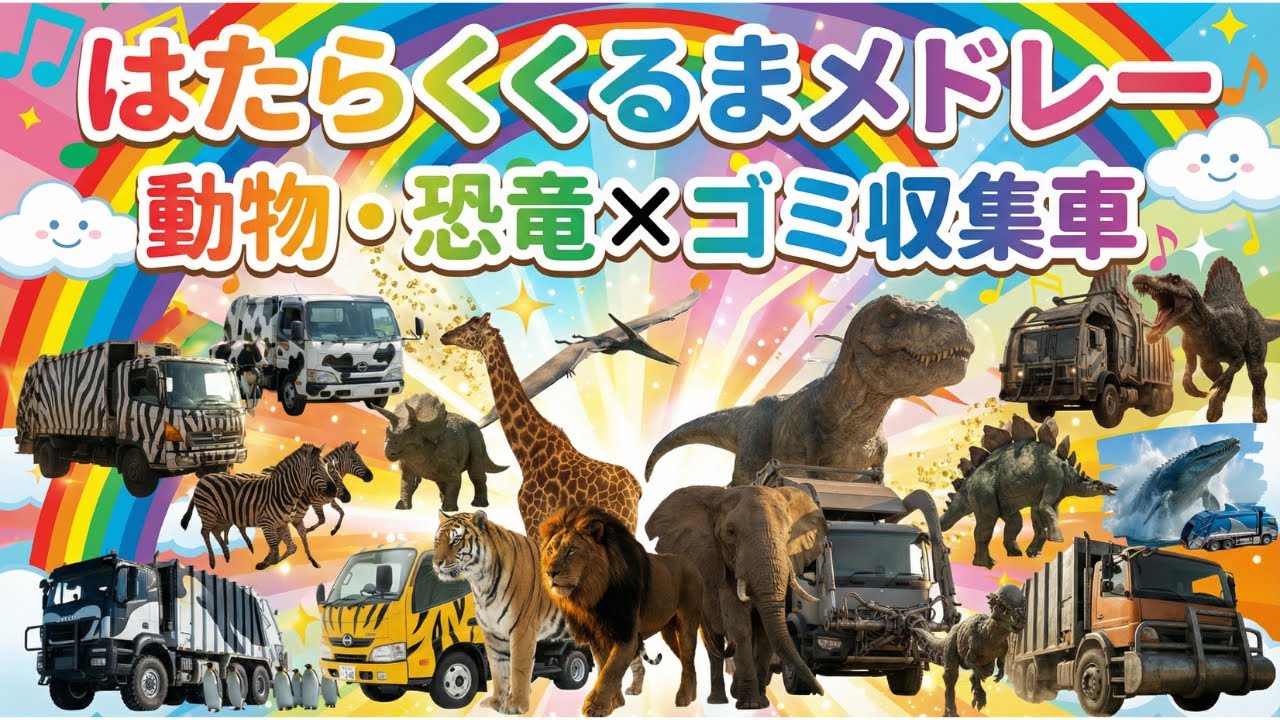 【はたらくくるま人気曲メドレー】ゴミ収集車×いろんな動物・恐竜が大集合！！【知育・子どもが泣き止む】