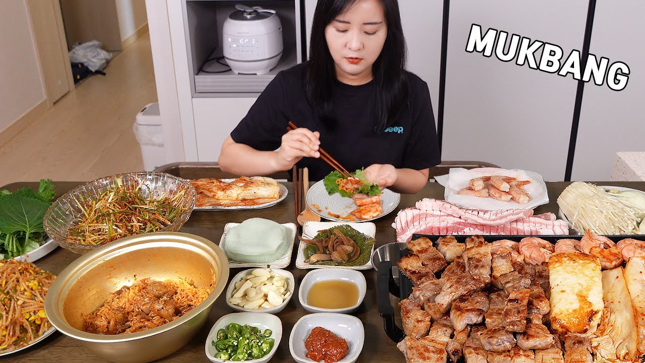 МУКБАНГ:) Вкусный самгёпсал, лапша бибим, жареный рис с сыром из свиной грудинки.