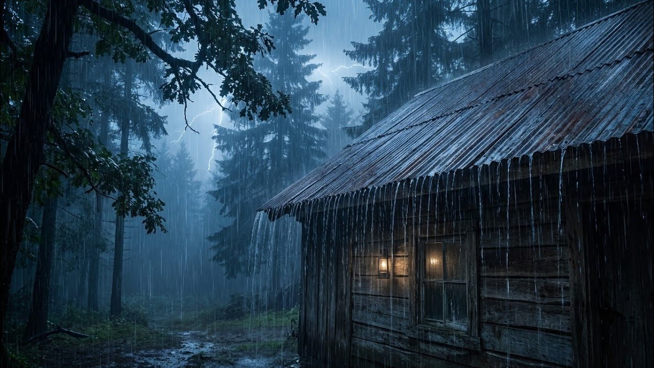 Night Rain on Metal Roof with Distant Thunder | Relax, Sleep Instantly