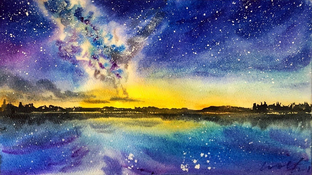 Watercolor Galaxy Starry Sky Reflection Demonstration