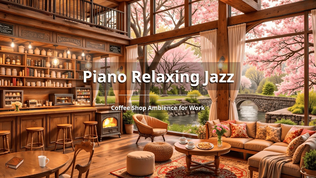 NO ADS | Spring Garden Piano Jazz 🌸 Cozy Coffee Bar & Blossom Window Ambience for Work, Study, Rela