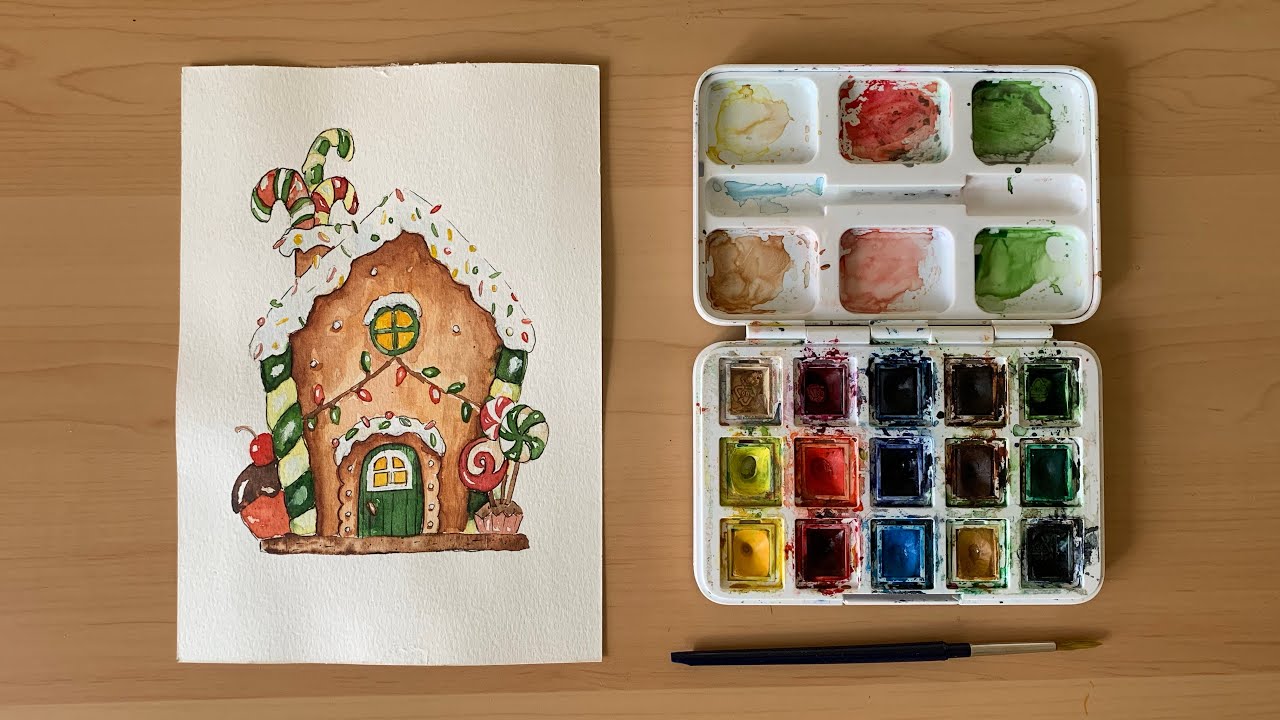 How To Paint Gingerbread House in Watercolor | Suluboya ile Zencefilli Kurabiye Evi 😋
