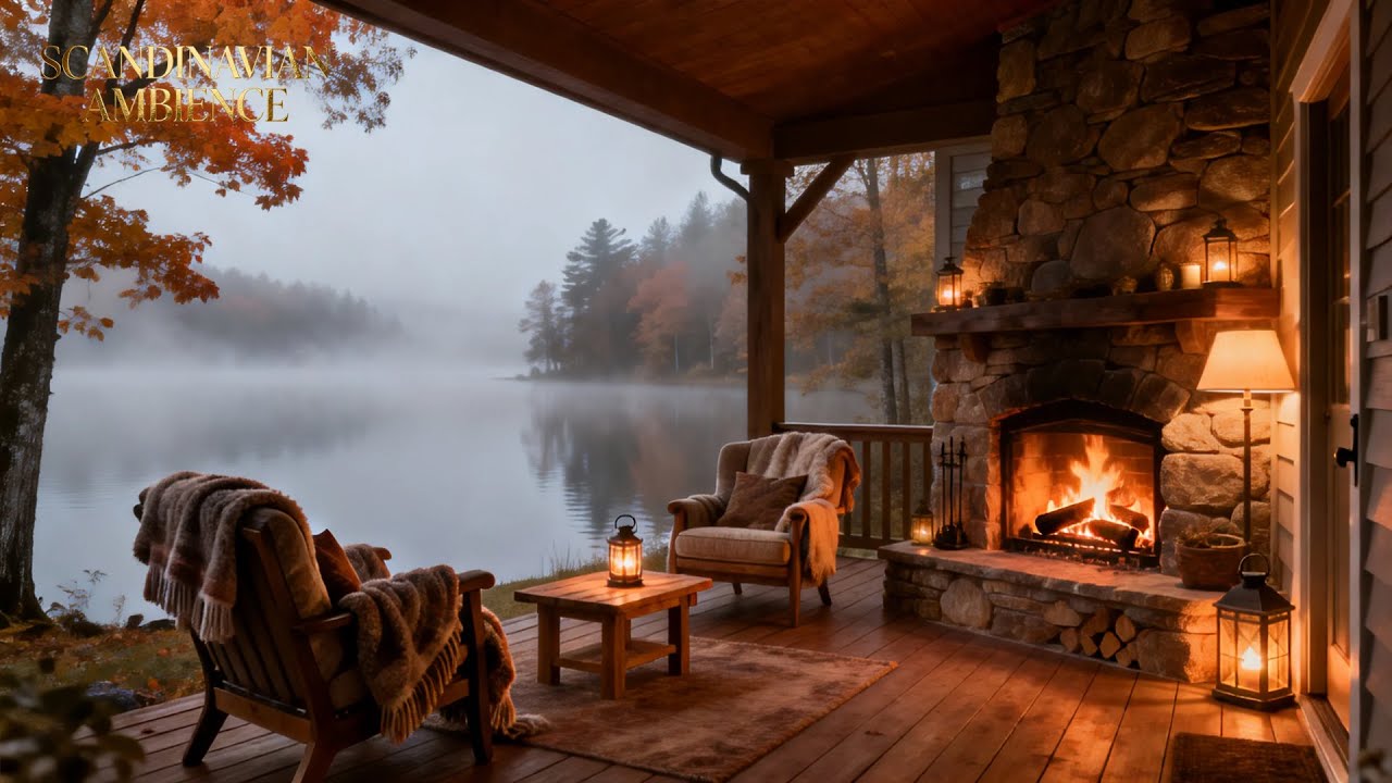 Peaceful Lakeside Cabin Fireplace Sounds | ASMR | 16K HDR 240fps Dolby Vision