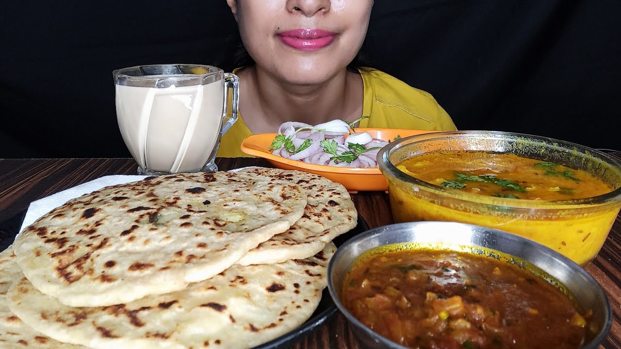 Eating Aaloo Paratha with Aaloo Sabji and Homemade Tomato Soup and Tea