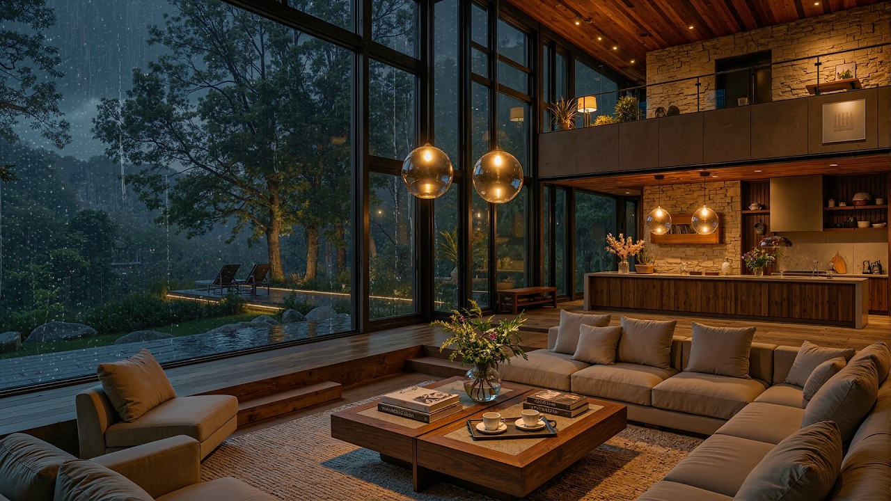 Gentle Night Jazz Music by the Forest 🌧️ Soft Jazz, Living Room Ambience & Rainfall for Unwind Time