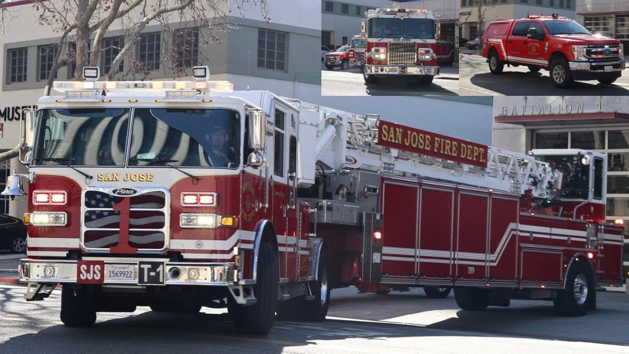 *FULL HOUSE* San Jose Fire Dept. Engine 1 (Reserve), Truck 1, and New Battalion 1 Responding