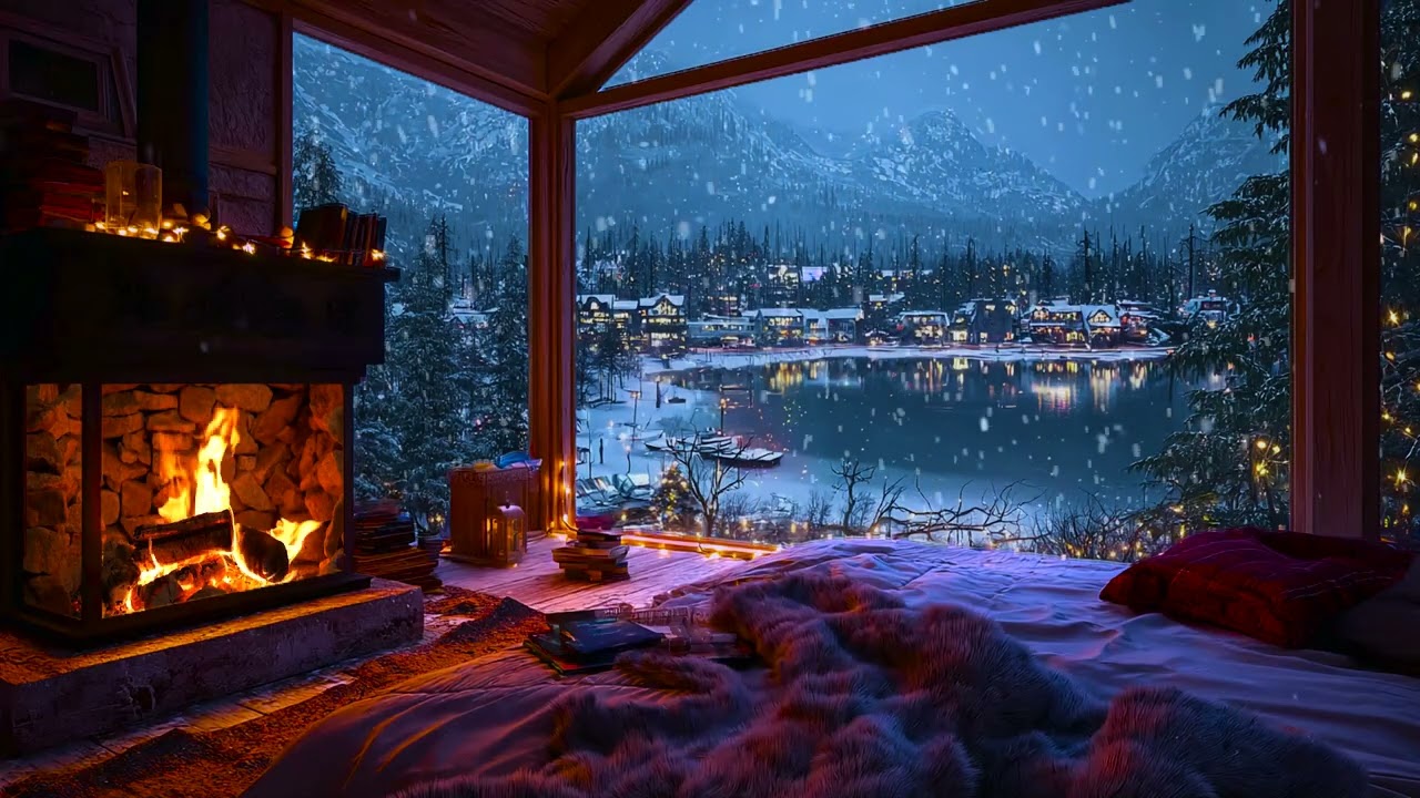 Frosted Pines and Falling Snow Around a Lonely Cabin with Firelight for Calm Nights and Rest