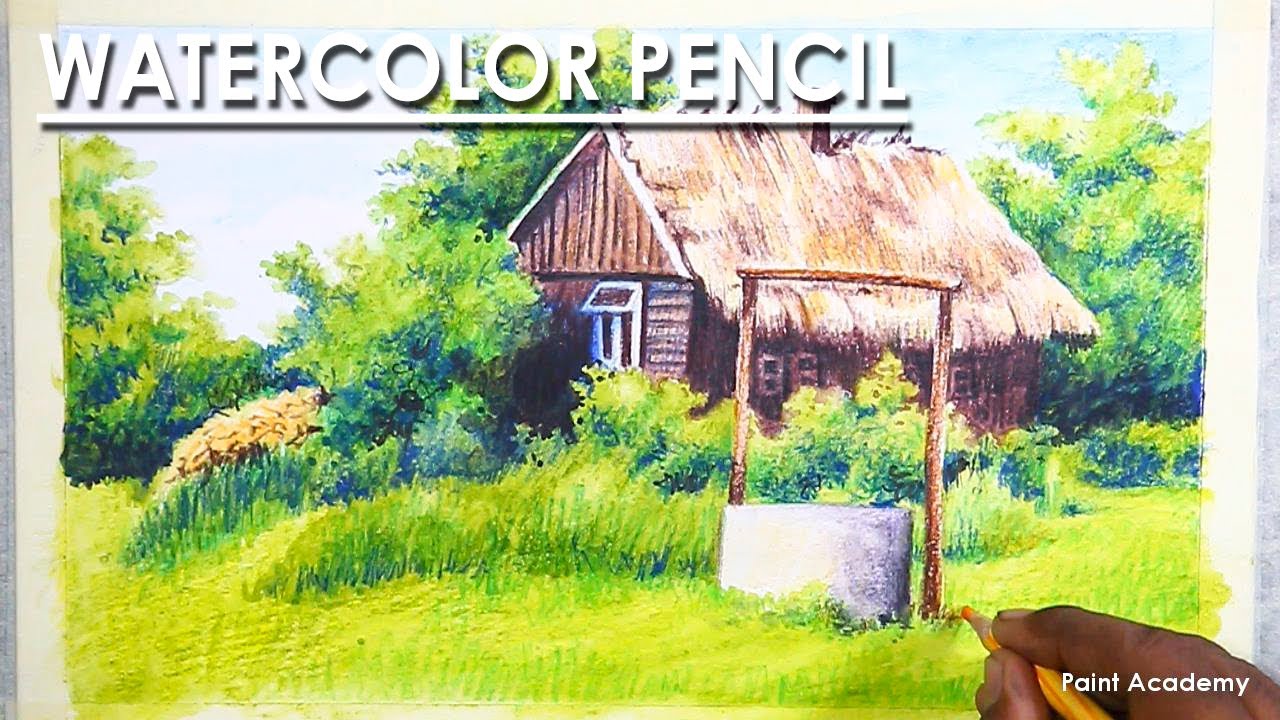 Watercolor Pencil : A Beautiful House Landscape Drawing