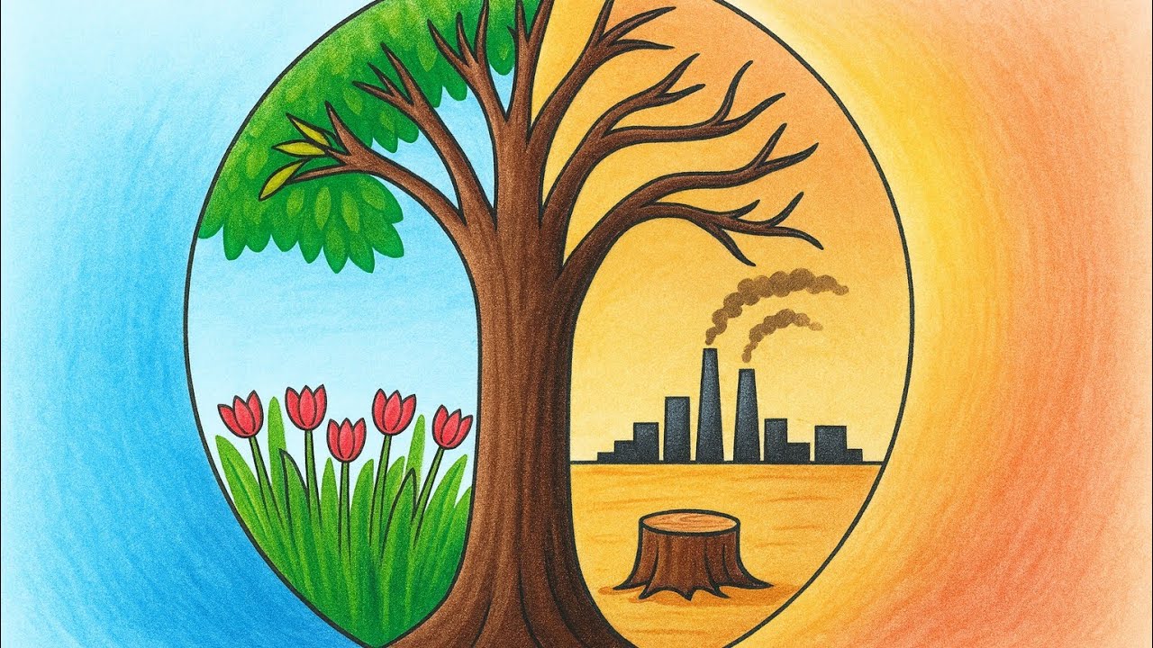 🌍 एक तरफ हरियाली, दूसरी तरफ विनाश 😢 | Save Earth Poster | Nature vs Pollution Drawing