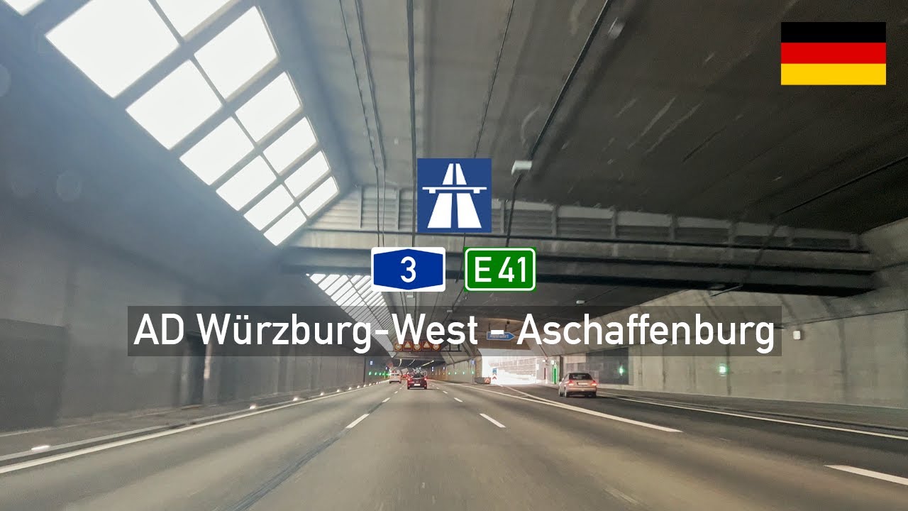 Driving in Germany: Autobahn A3 E41 from AD Würzburg-West to Aschaffenburg