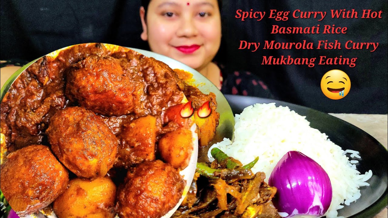 Asmr Eating Spicy Egg Curry With Basmati Rice|Spicy Dry Fish Curry(Mourola Shutki)Bigbites|Mukbang🔥