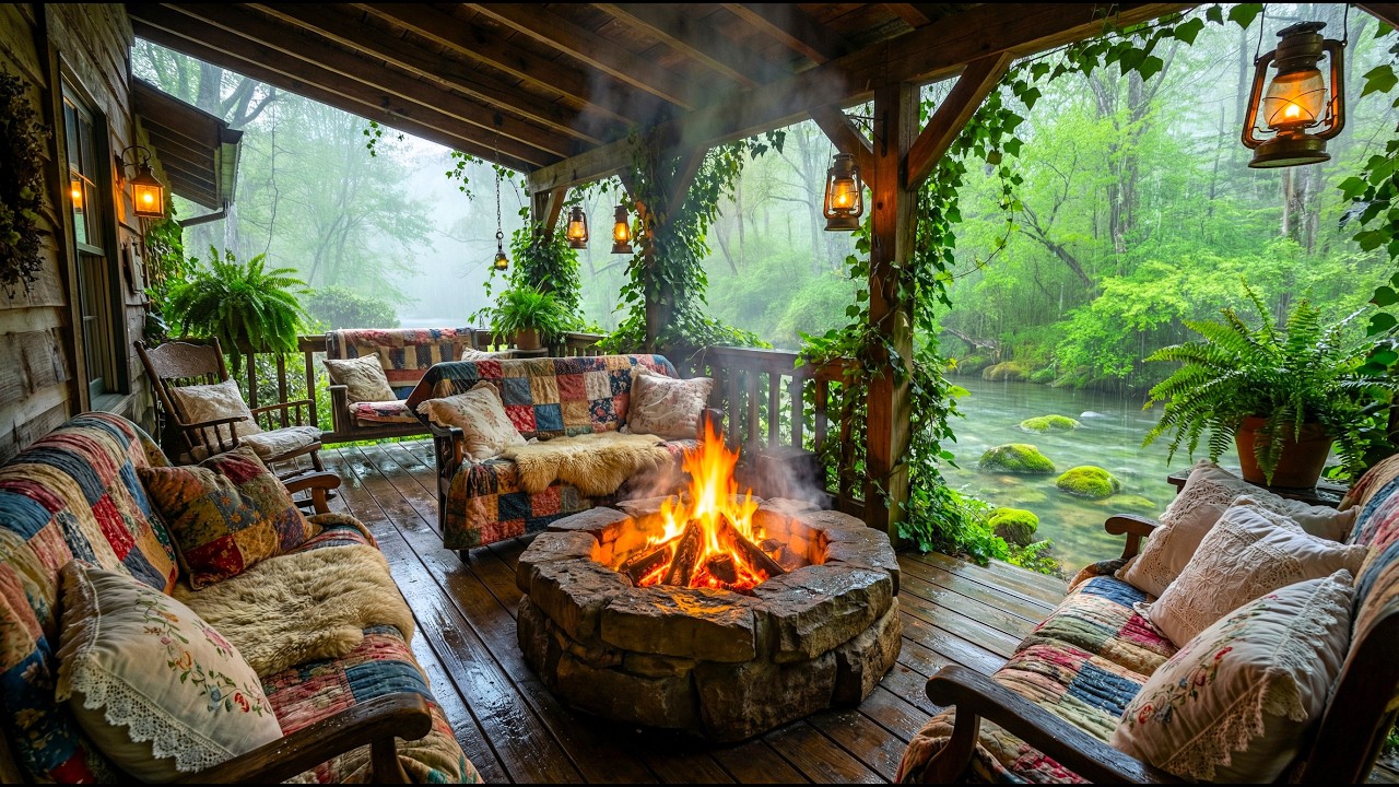 Cozy Porch Campfire with Gentle Rain 🔥 4K NO ADS | Rain Sounds 🌧️ Zen 💤