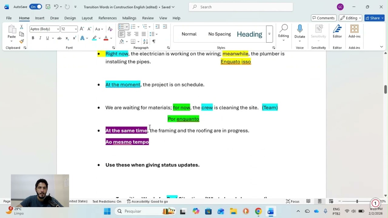 Transition Words for Construction