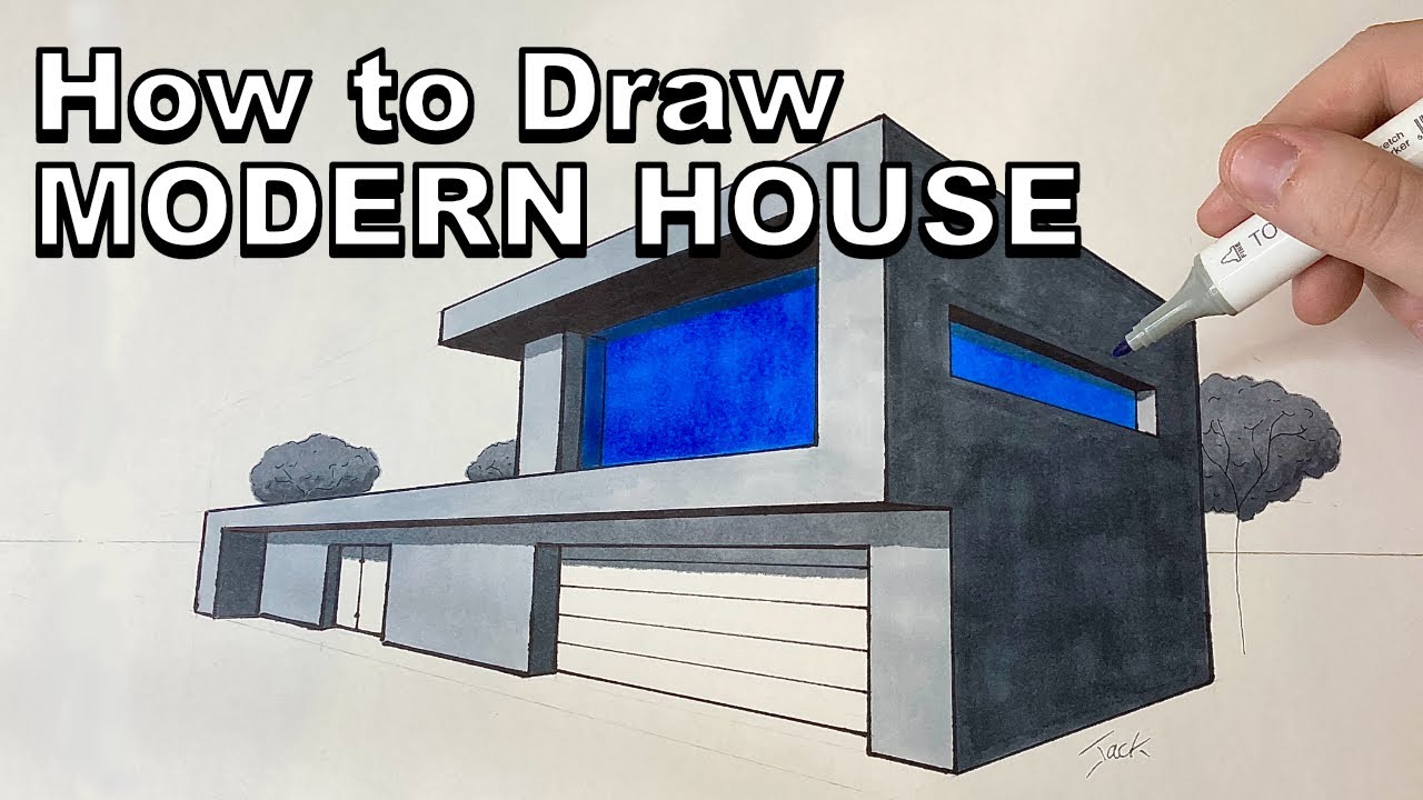 How to Draw a MODERN HOUSE in 2-POINT PERSPECTIVE Step by Step | Cartoon Club