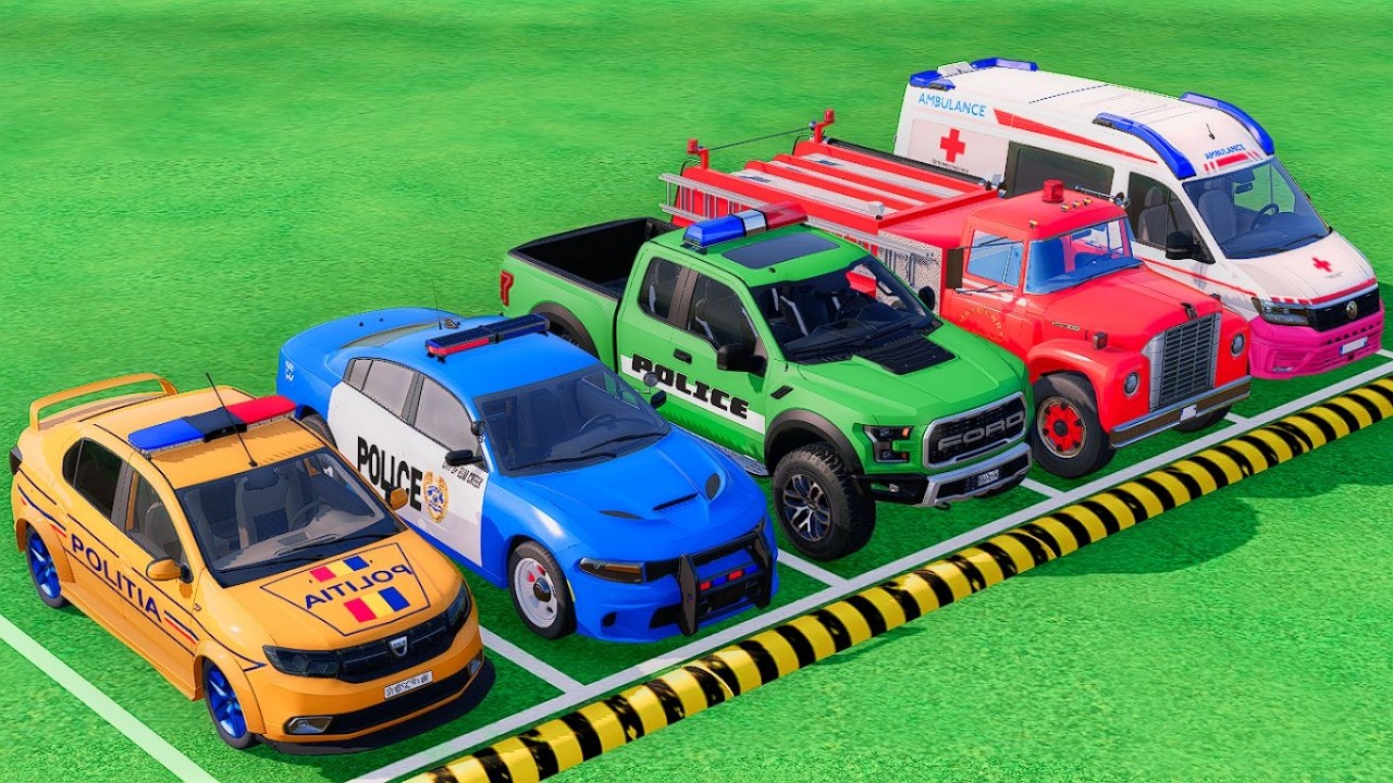 POLICE CARS, FIRE DEPARTMENT, AMBULANCE TRANSPORTING WITH TRUCKS ! Farming Simulator 22 #64