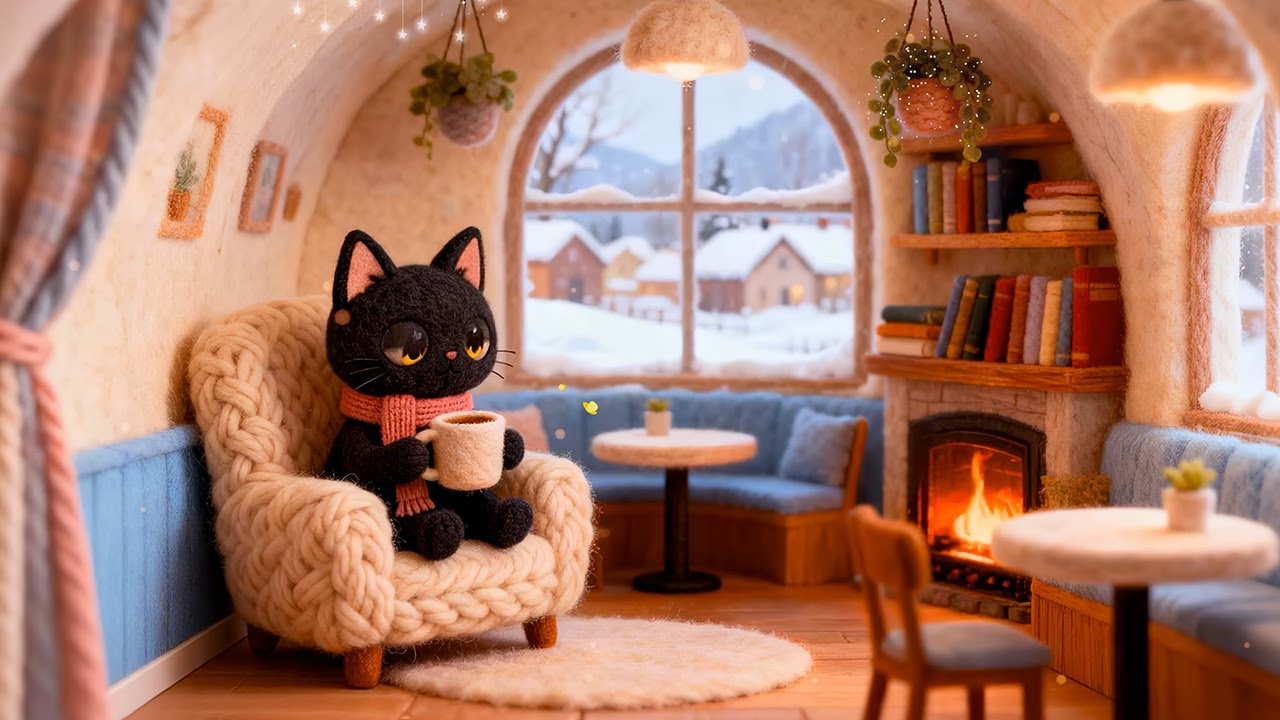 Lofi Cat’s Cozy Fireplace Reading 🔥📖 Winter Lofi ☕️ Soft Lofi Beats for Study & Calm Sleep