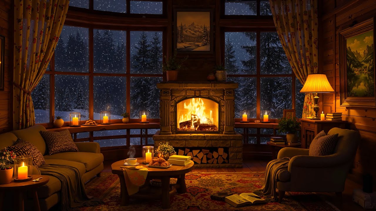 Cozy Winter Room Ambience ❄️ Relaxing Jazz, Gentle Snowfall & Warm Fireplace Sounds for Sleep, Focus