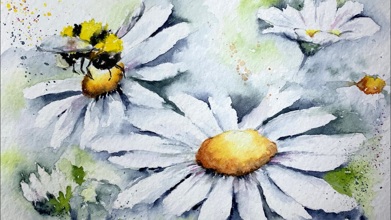 Watercolor daisy and bee painting paint along tutorial demo
