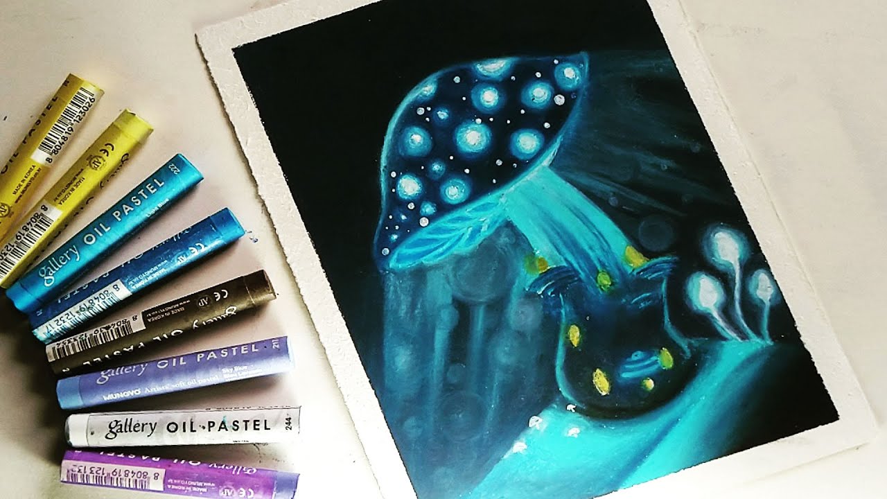 Glowing mushrooms drawing using oil pastels