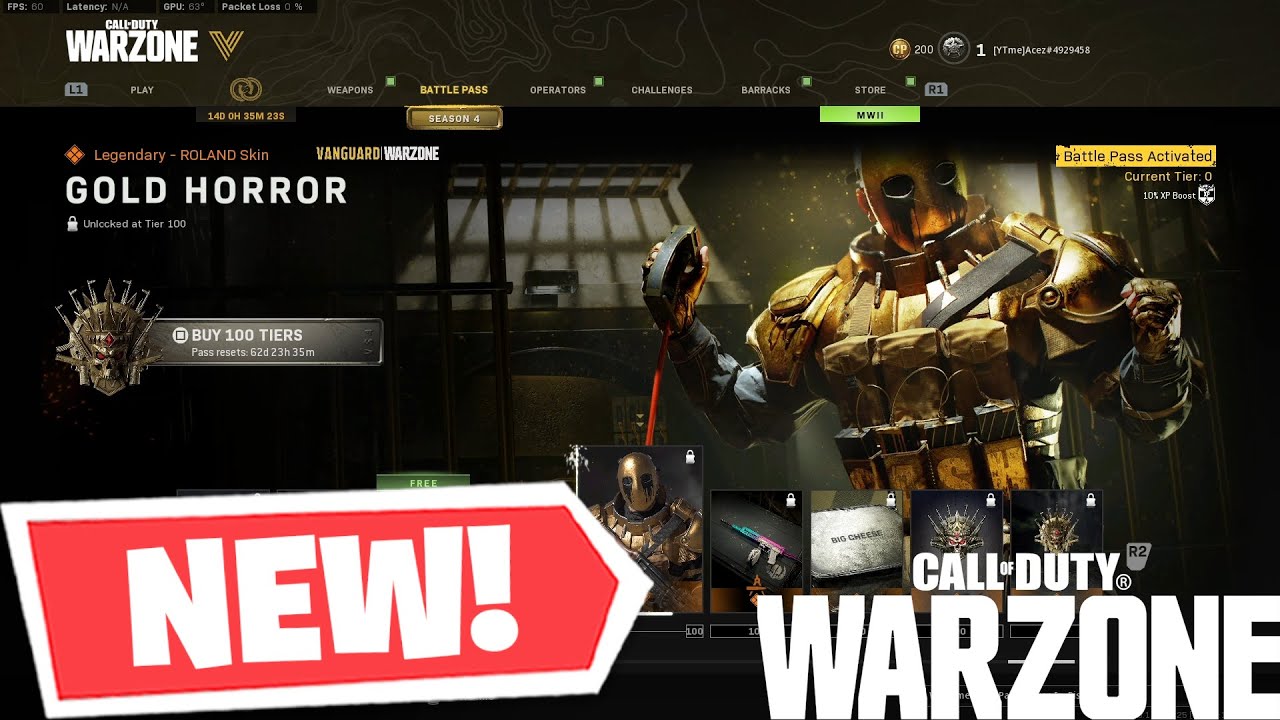 Warzone & Vanguard - SEASON 4 BATTLE PASS ALL 100 TIERS! SKINS, WEAPONS, AND COSMETICS!