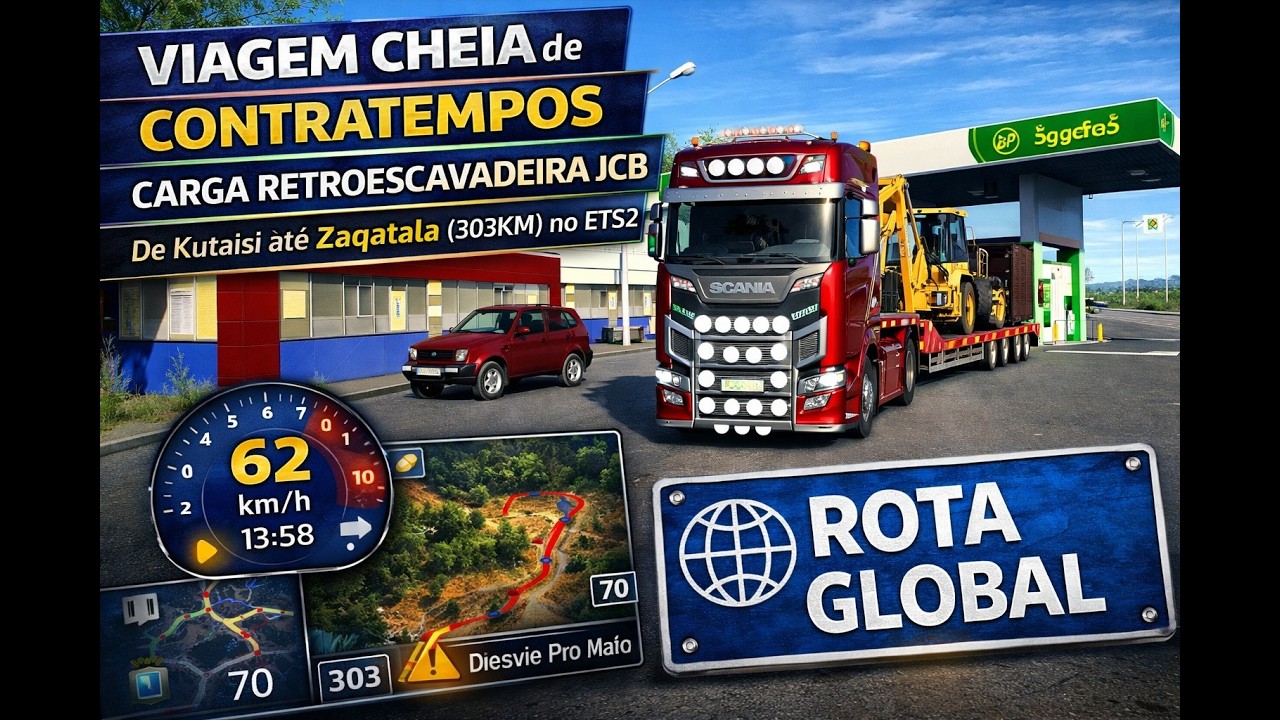 VIAGEM CHEIA de CONTRATEMPOS - CARGA RETROESCAVADEIRA JCB - De Kutaisi até Zaqatala (303km) no ETS2