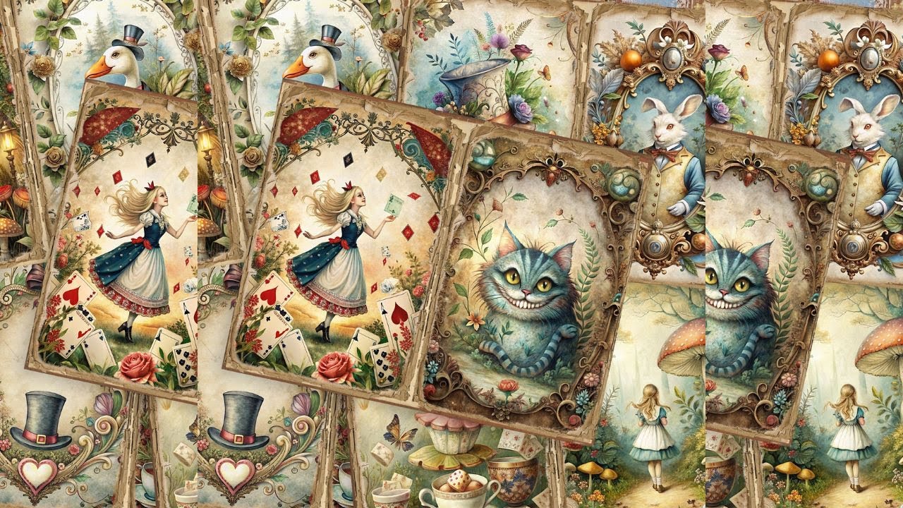 Alice in Wonderland Junk Journal Kit | Vintage Printable Pages with Cheshire Cat & White Rabbit